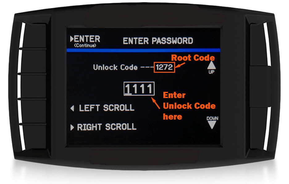 Digital device screen prompting to enter a password with instructions for entering the root and unlock codes.